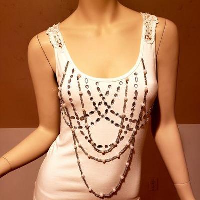 Vtg Bejewelled Cotton top Macrame & sequins.