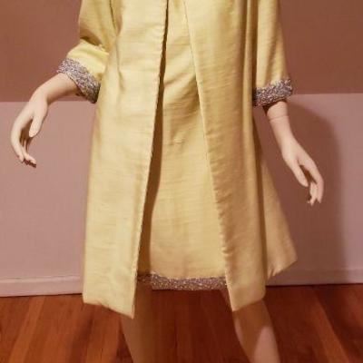 Vtg Yellow silk shantung dress and Opera coat Ensemble embellished