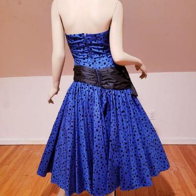 Vtg Blue Azul Asymetrical shantung Ball Gown velour polka dots