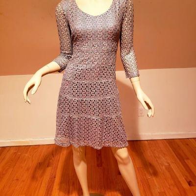 Vtg Anne Klein silver Metallic Macrame wiggle dress