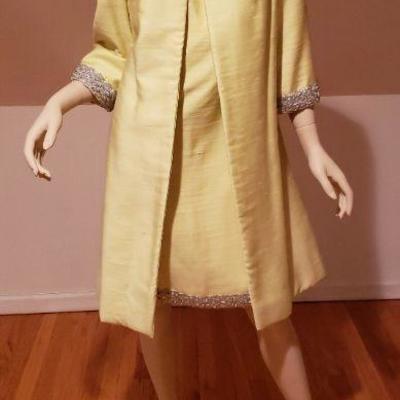 Vtg Yellow silk shantung dress and Opera coat Ensemble embellished