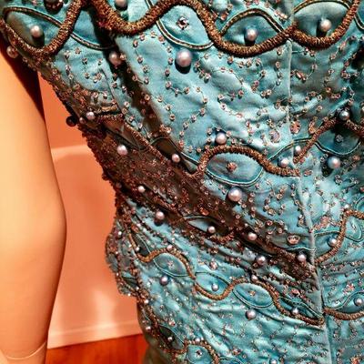 Couture Embellished silk shantung Aqua Cocktail Gown