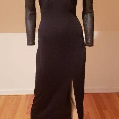 Vtg Cache' Rhinestone embellished Maxi slit dress w/tulle 