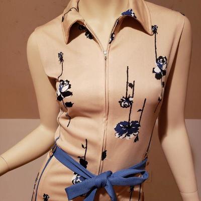 Vtg 1970's lady Carol wiggle jersey dress/belt blue rose