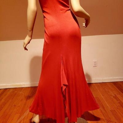 Embellished hot red bias cut maxi gown shirred grecian train