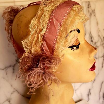 Edwardian silk lace & Feathers Bedroom boudoir Bonnet 