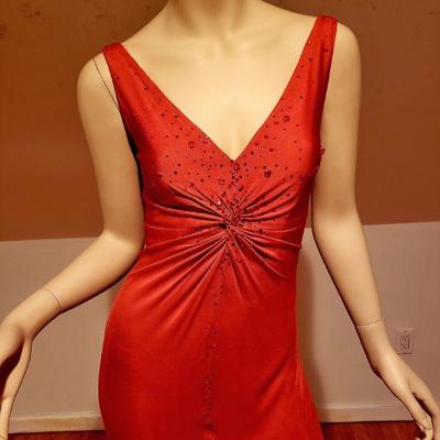 Embellished hot red bias cut maxi gown shirred grecian train