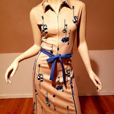 Vtg 1970's lady Carol wiggle jersey dress/belt blue rose