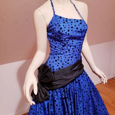 Vtg Blue Azul Asymetrical shantung Ball Gown velour polka dots