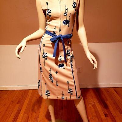 Vtg 1970's lady Carol wiggle jersey dress/belt blue rose