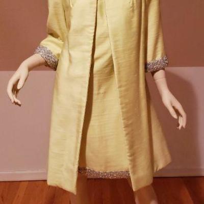 Vtg Yellow silk shantung dress and Opera coat Ensemble embellished