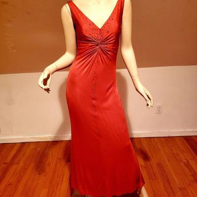 Embellished hot red bias cut maxi gown shirred grecian train