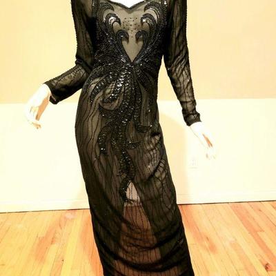 Vtg Layering onyx beaded on voile maxi dress 