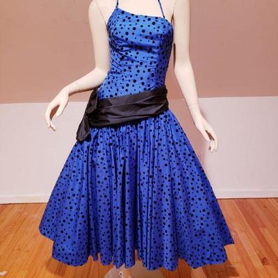 Vtg Blue Azul Asymetrical shantung Ball Gown velour polka dots