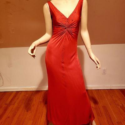 Embellished hot red bias cut maxi gown shirred grecian train