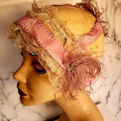 Edwardian silk lace & Feathers Bedroom boudoir Bonnet 