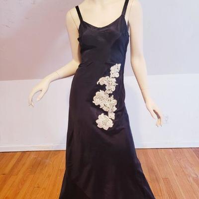 1930 slip dress satin de lis applique metal zip