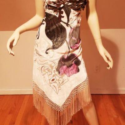 Vtg Hobo Chic New Orleans silk Designer burnout fringed high low dress