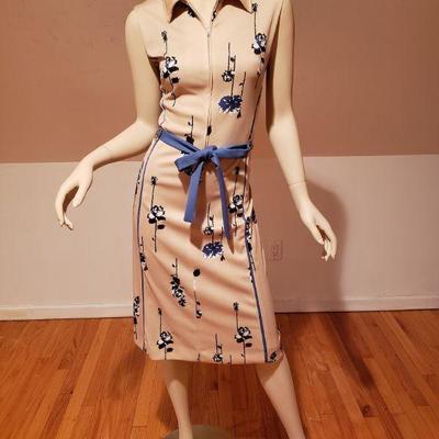 Vtg 1970's lady Carol wiggle jersey dress/belt blue rose