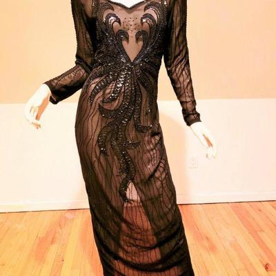 Vtg Layering onyx beaded on voile maxi dress 