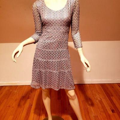 Vtg Anne Klein silver Metallic Macrame wiggle dress