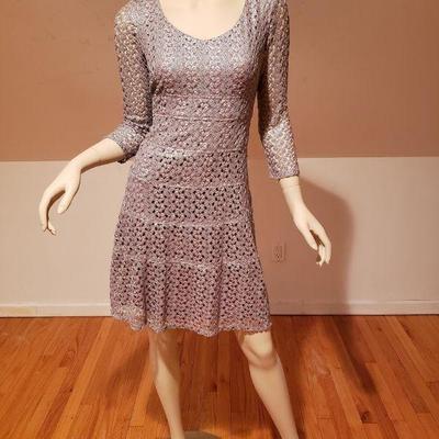 Vtg Anne Klein silver Metallic Macrame wiggle dress