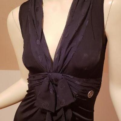 John Galliano LBD silk trim collar metal logo Sash