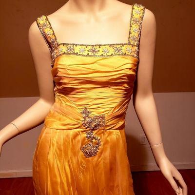 Vtg Silk Chiffon embellished Toga ruched dress 