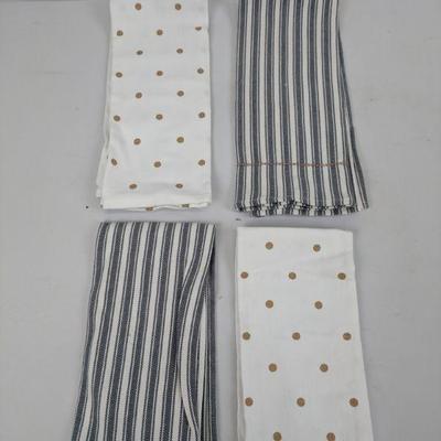 Polka Dots/Stripes Navy & Gold Dish Towels, 4 - New
