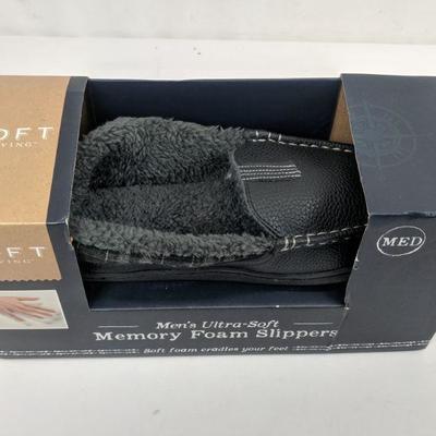 Loft Living Men's Memory Foam Slippers, Medium, Grey/Black Faux Leather - New