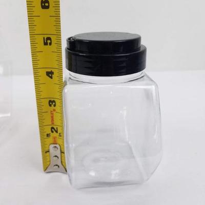 3 Clear Plastic Jars with Black Lids. 1 Large, 2 Small - New
