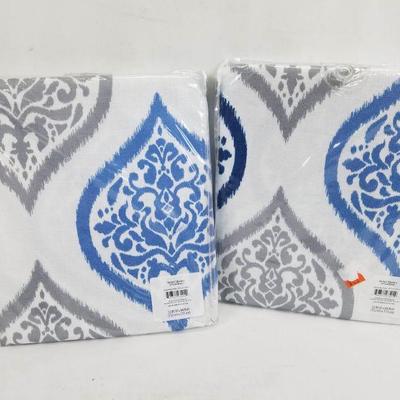 2 Curtain Panels, White w/ Gray & Blue. BH&G Damask Ogee/Indigo 52