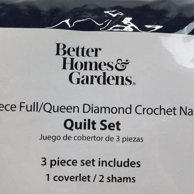 3 pc Full/Queen Diamond Crochet Navy Quilt Set: 1 Coverlet & 2 Shams