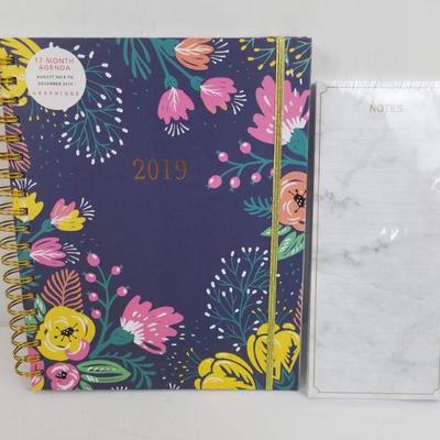 2019 Agenda (Blue Floral) & Marble Look Magnetic Note Pad - New