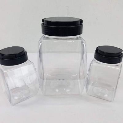 3 Clear Plastic Jars with Black Lids. 1 Large, 2 Small - New
