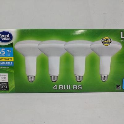 LED 65 Watt Soft White Dimmable Lights, 4 Bulbs - New