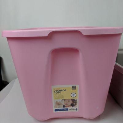 Various Storage Bins: Pink, 2 Blue, Gray - Without Lids