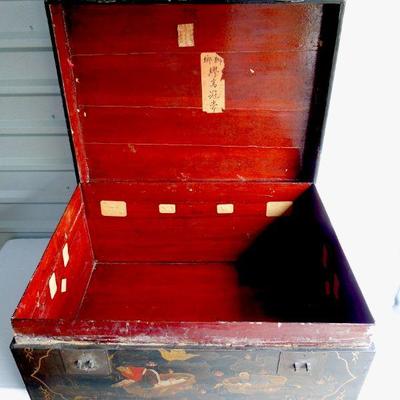 Lot 42A: Antique Hand Painted Oriental Black Trunk with Stand 19th Century