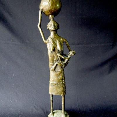 Lot 80: Brutalist Bronze African Statue of Woman Carrying Jug and Child MCM