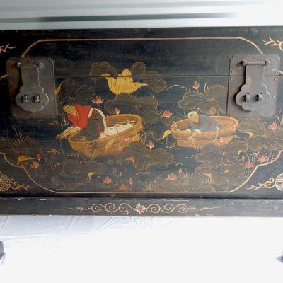 Lot 42A: Antique Hand Painted Oriental Black Trunk with Stand 19th Century