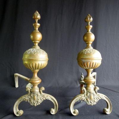 Lot 139: Pair of Large Ornate Victorian Brass Fireplace Andirons 