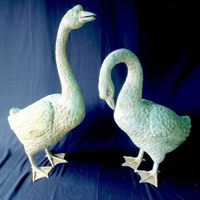 Lot 66: Pair of Verdigris Garden Geese With Spitter Fountain