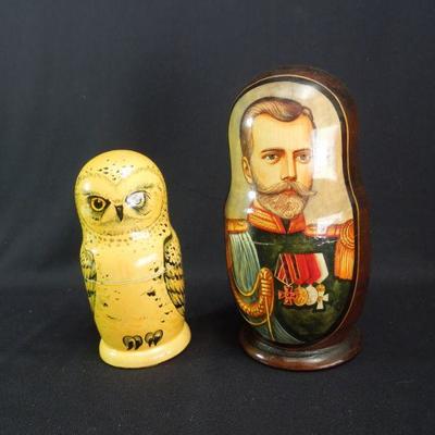 Lot 157: Two Sets Matryoshka Dolls - Nicholas II and Snowy Owl 