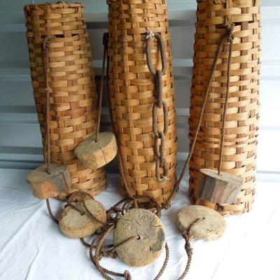 Lot 45: Three Linked Antique Fish Trap Baskets With Chain and Cork Floats