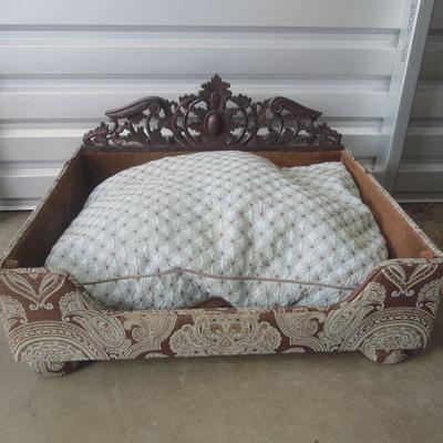 Lot 179: Luxury Dog Bed: Antique Carved Wood Headboard 