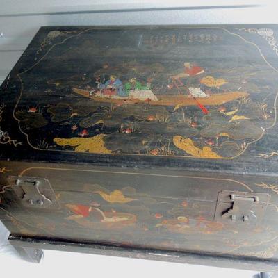 Lot 42A: Antique Hand Painted Oriental Black Trunk with Stand 19th Century