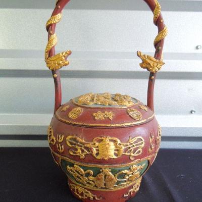 Lot 94: Antique Chinese Red Lacquer Wedding Basket Food Bowl 19th- 20th Century