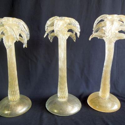 Lot 125: Three Handblown Glass Palm Tree Candle Sticks