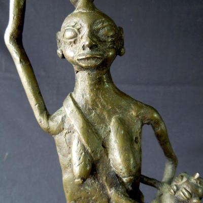 Lot 80: Brutalist Bronze African Statue of Woman Carrying Jug and Child MCM