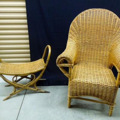 Lot 210: Mid Century Wicker Patio Chair and Cane Foot Stool